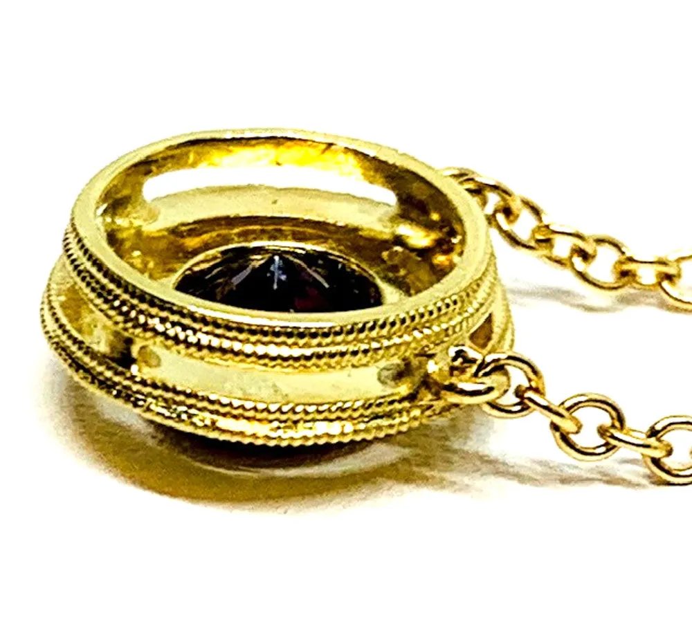 Red Spinel Yellow Gold Halo Engraved Handmade Bezel, Round Pendant Necklace