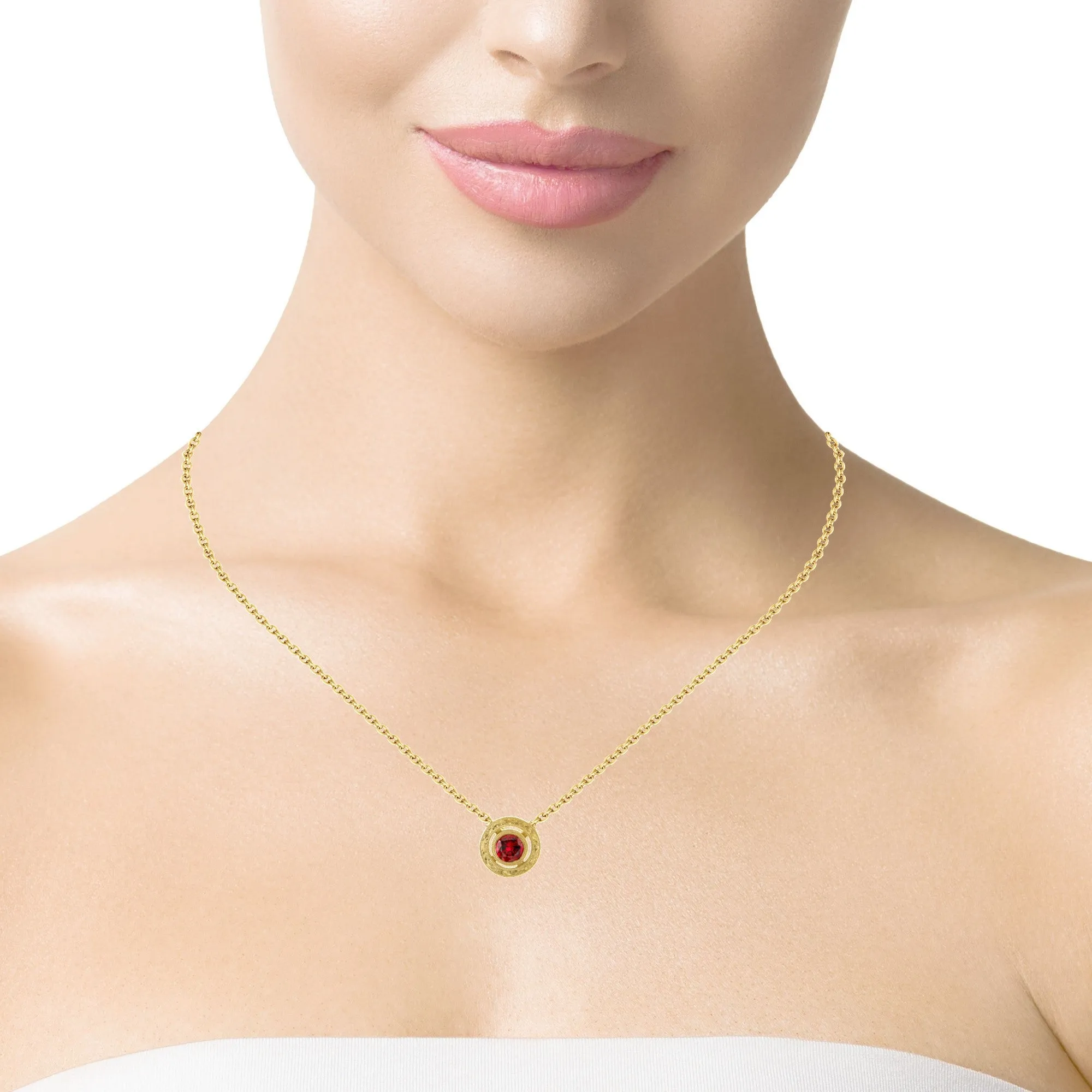 Red Spinel Yellow Gold Halo Engraved Handmade Bezel, Round Pendant Necklace