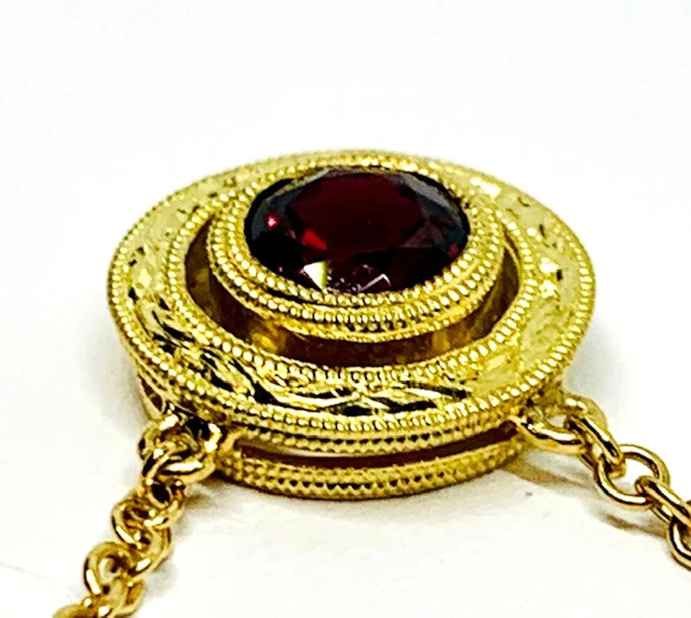 Red Spinel Yellow Gold Halo Engraved Handmade Bezel, Round Pendant Necklace
