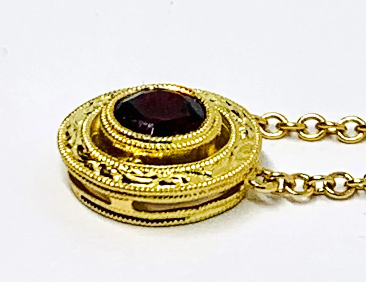 Red Spinel Yellow Gold Halo Engraved Handmade Bezel, Round Pendant Necklace