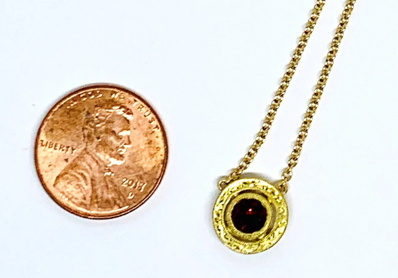 Red Spinel Yellow Gold Halo Engraved Handmade Bezel, Round Pendant Necklace