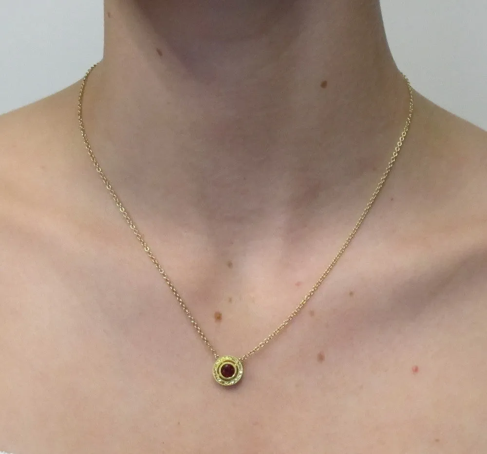 Red Spinel Yellow Gold Halo Engraved Handmade Bezel, Round Pendant Necklace