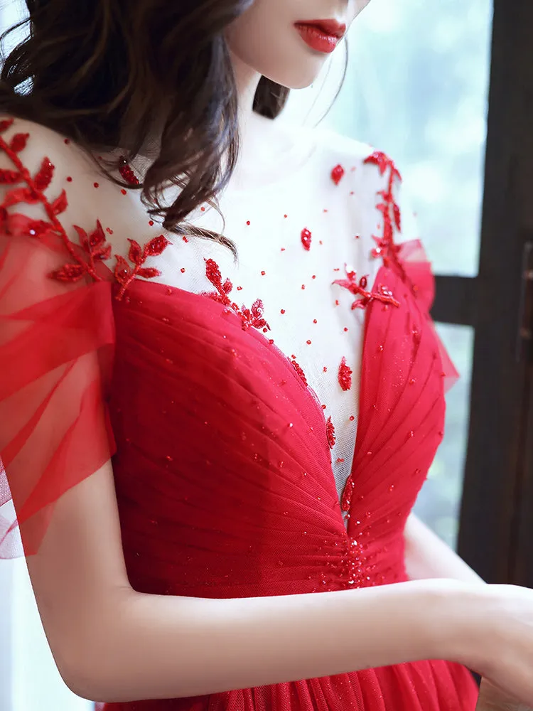 Red Tulle Sweetheart Elegant Long Formal Dress, Red Party Dress Wedding Party Dress