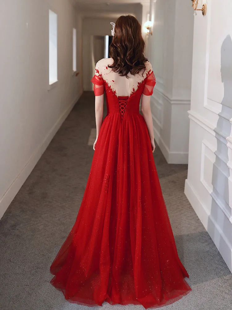 Red Tulle Sweetheart Elegant Long Formal Dress, Red Party Dress Wedding Party Dress