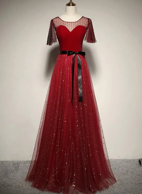 Red Tulle with Velvet Round Neckline Top Party Dress, A-line Evening Dress