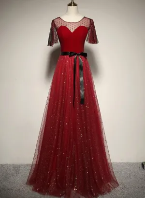 Red Tulle with Velvet Round Neckline Top Party Dress, A-line Evening Dress
