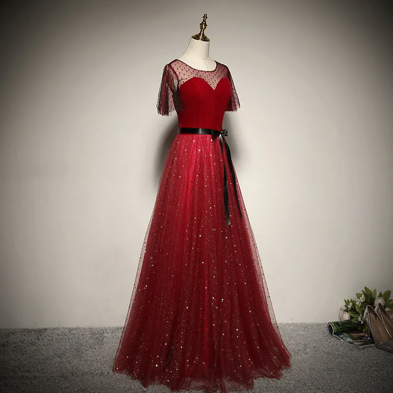 Red Tulle with Velvet Round Neckline Top Party Dress, A-line Evening Dress