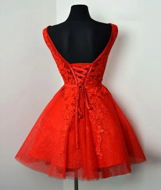 Red V Neck Lace Tulle Short Prom Dress