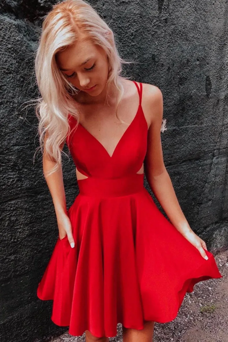 Red v neck satin short prom dress red homecoming dress