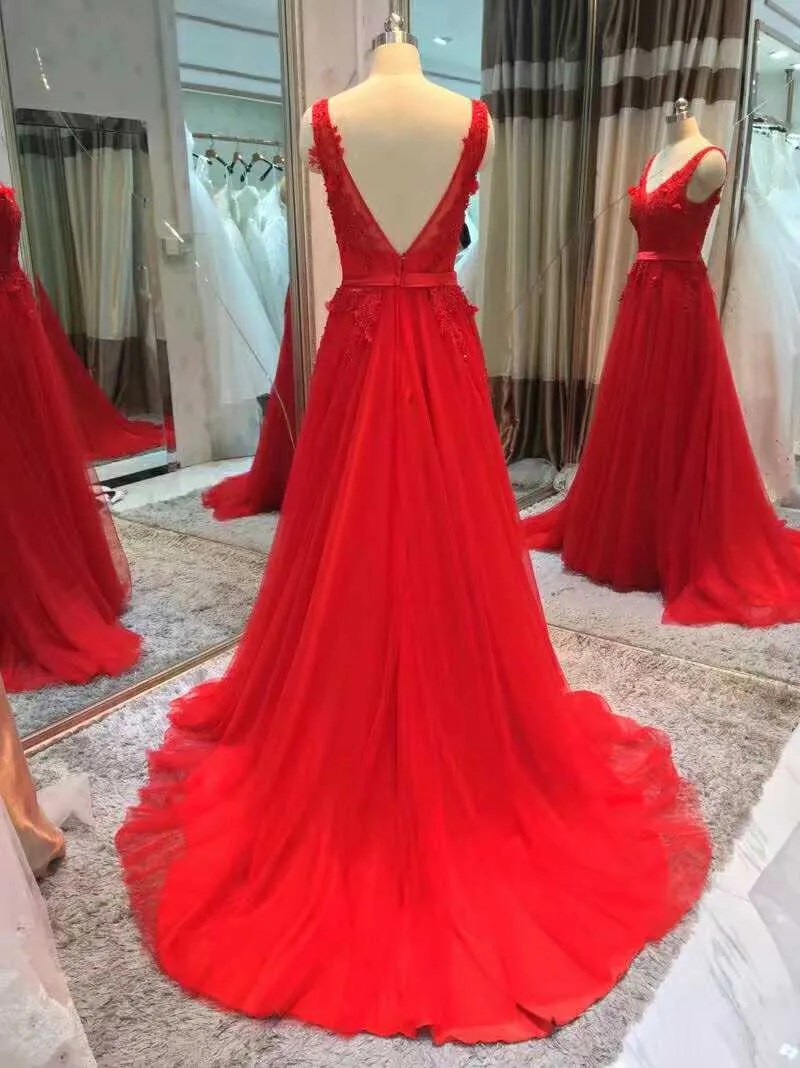 Red V-neckline Tulle Long Party Gown, Red Formal Dress , Party Dress