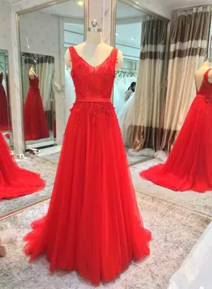 Red V-neckline Tulle Long Party Gown, Red Formal Dress , Party Dress