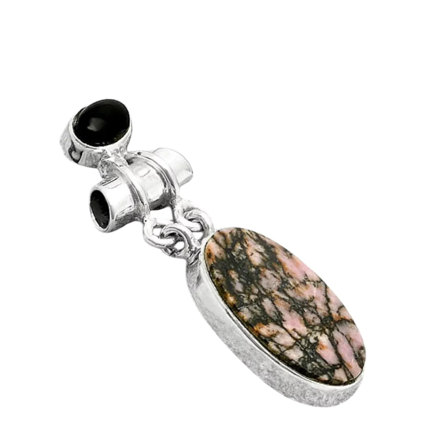 Rhodonite & Onyx Solid 925 Sterling Silver Pendant