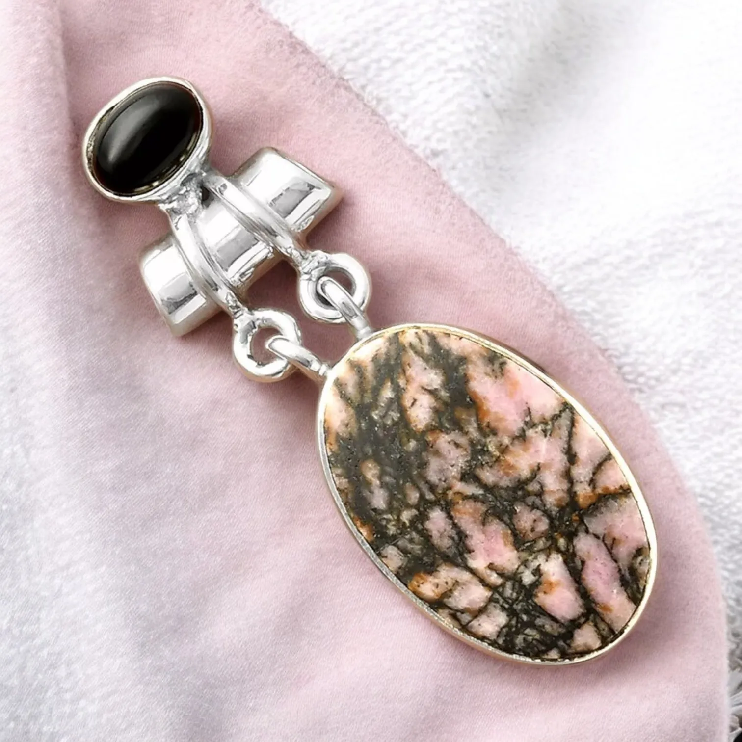Rhodonite & Onyx Solid 925 Sterling Silver Pendant