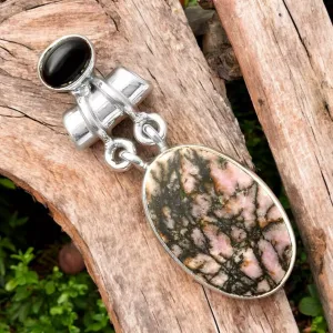 Rhodonite & Onyx Solid 925 Sterling Silver Pendant