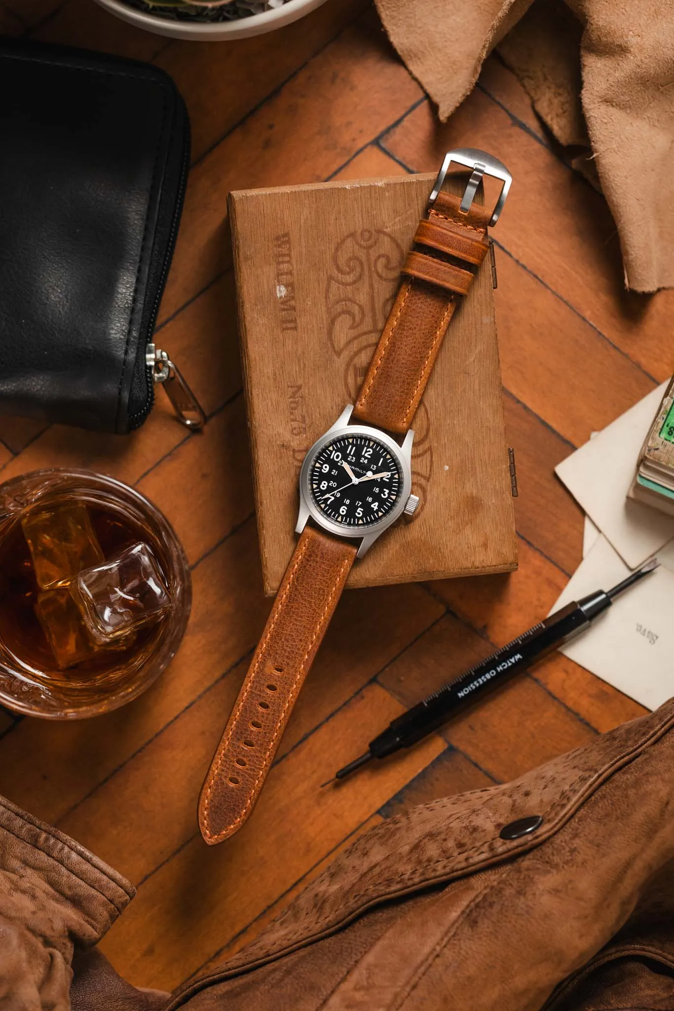 RIOS1931 DERBY Genuine Vintage Leather Watch Strap in COGNAC