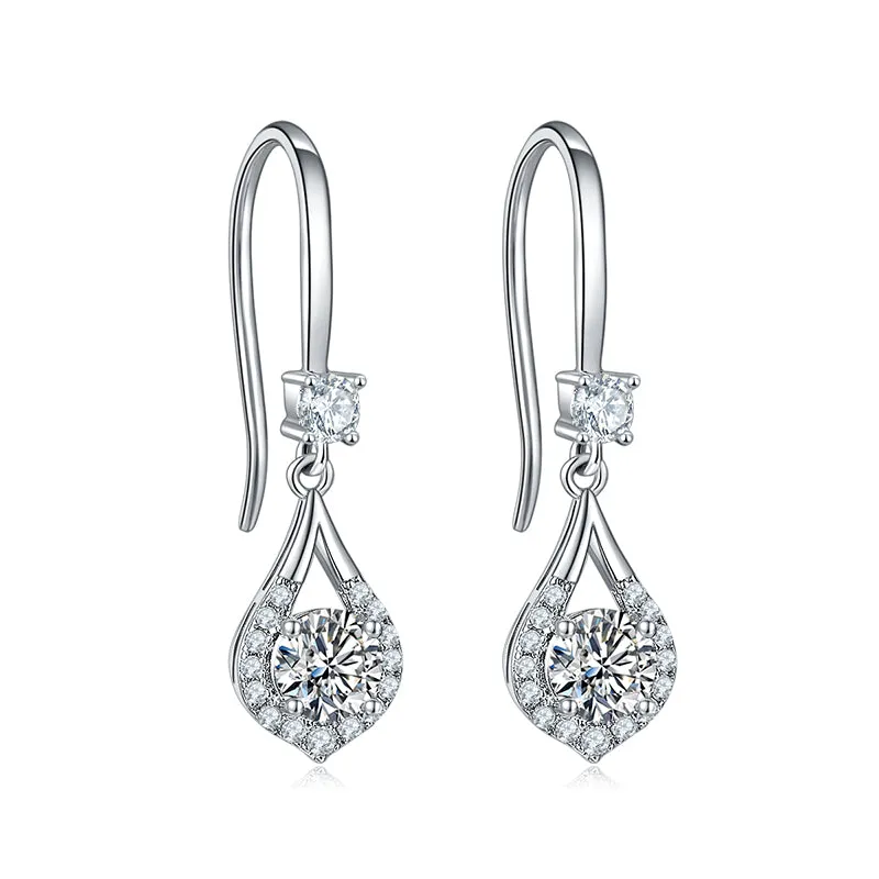 Round Cut 1.0CTW. White Moissanite Pear Hook Earrings
