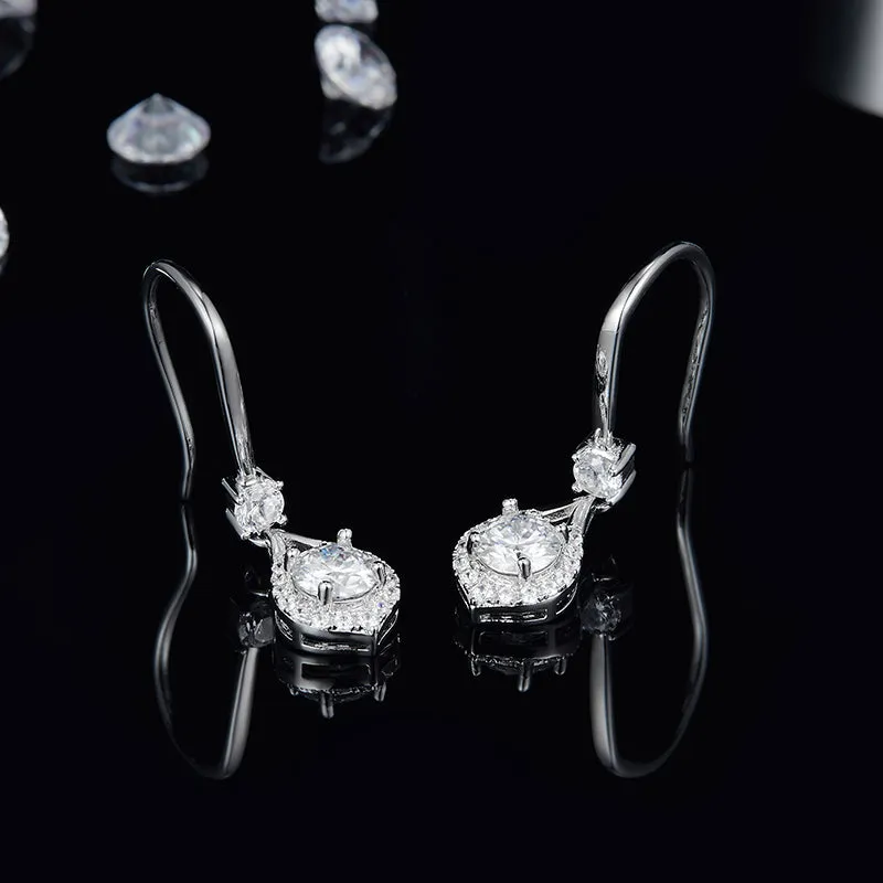 Round Cut 1.0CTW. White Moissanite Pear Hook Earrings