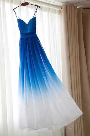 Royal Blue White Ombre Long Bridesmaid Dress,A-line Sweetheart Chiffon Prom Dress OK241
