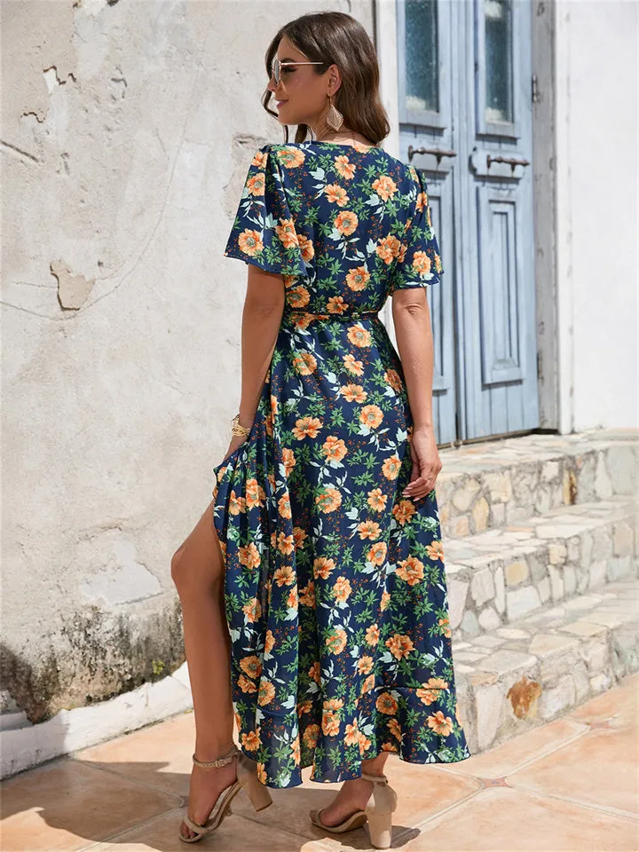 Ruffle Short Sleeve Strappy Dress Beach Resort Dress Navy S M L XL