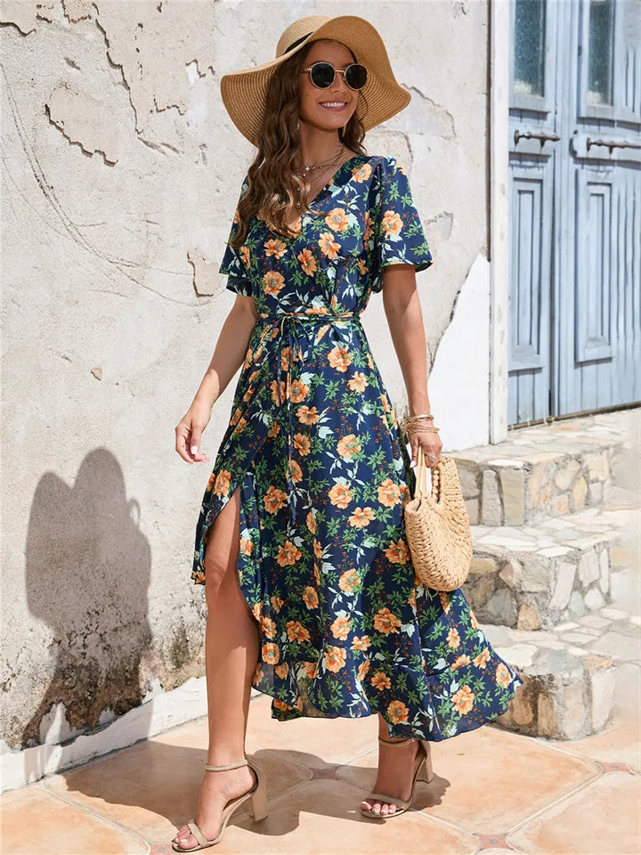 Ruffle Short Sleeve Strappy Dress Beach Resort Dress Navy S M L XL