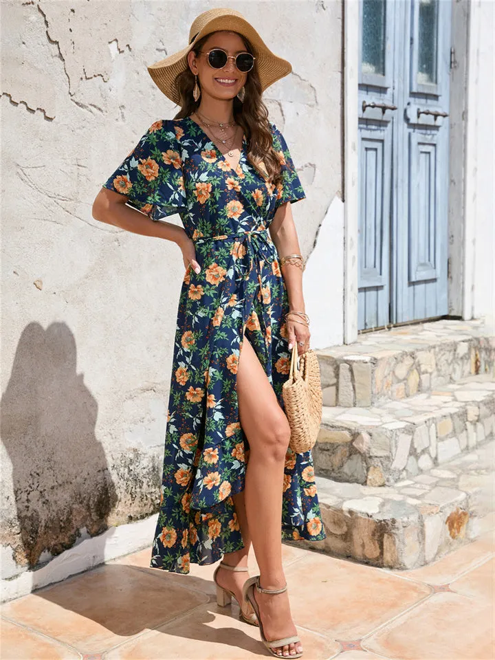 Ruffle Short Sleeve Strappy Dress Beach Resort Dress Navy S M L XL