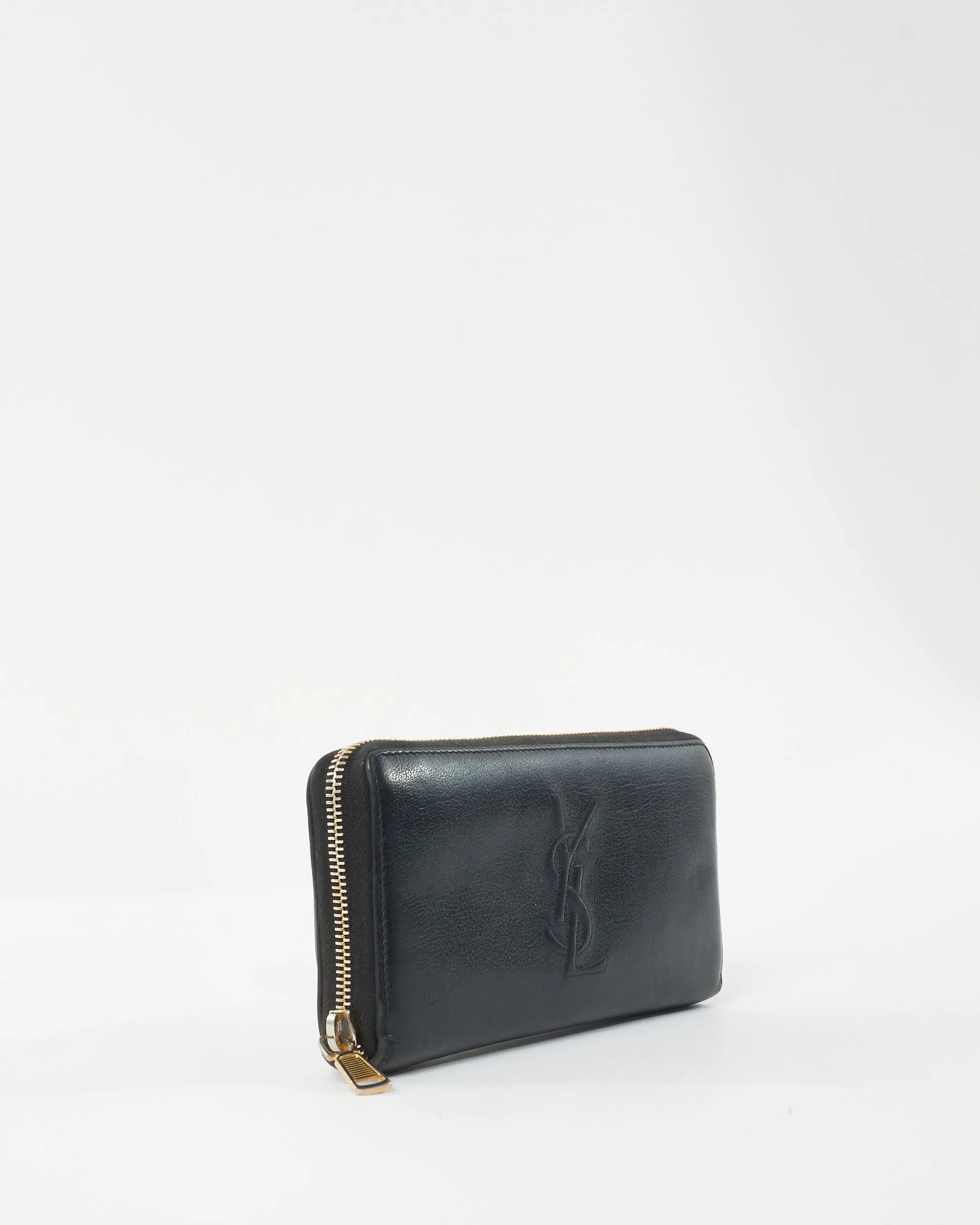 Saint Laurent Black Leather Embossed Logo Long Zip Wallet