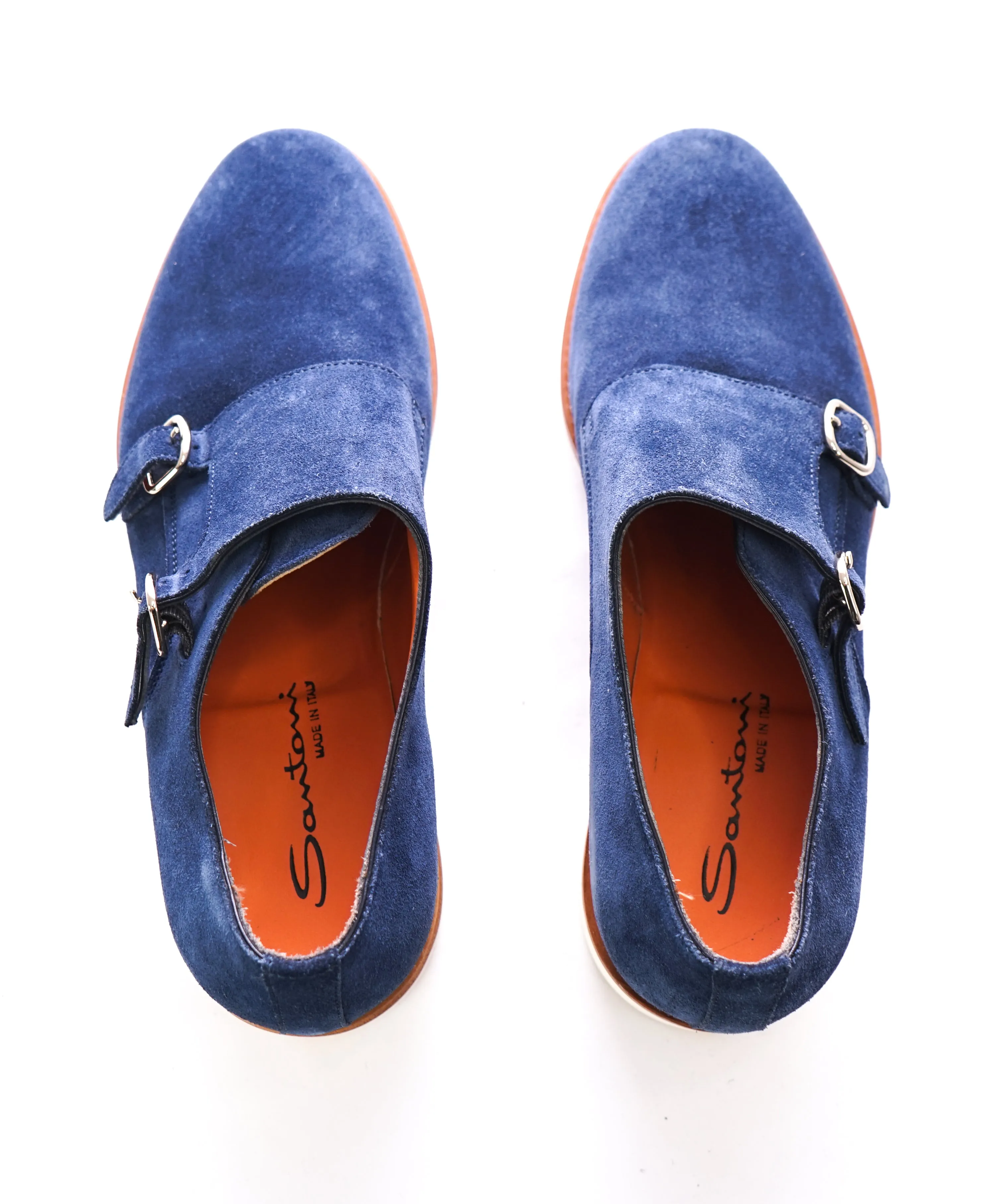 SANTONI - Powder Blue Suede Double Monk Strap Contrast Loafers - 9