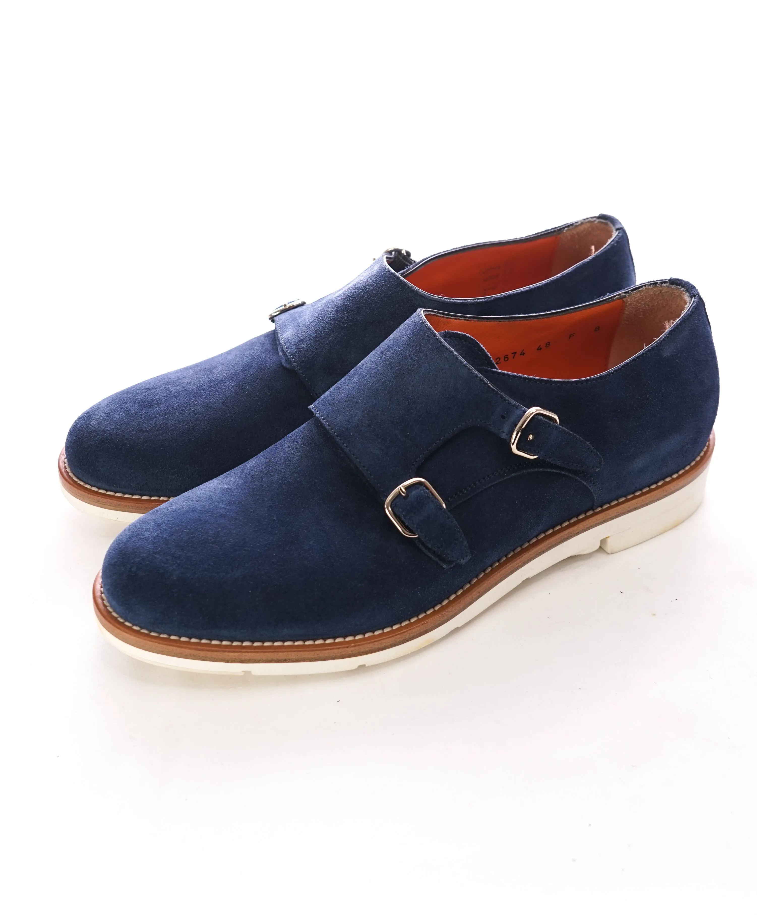 SANTONI - Powder Blue Suede Double Monk Strap Contrast Loafers - 9