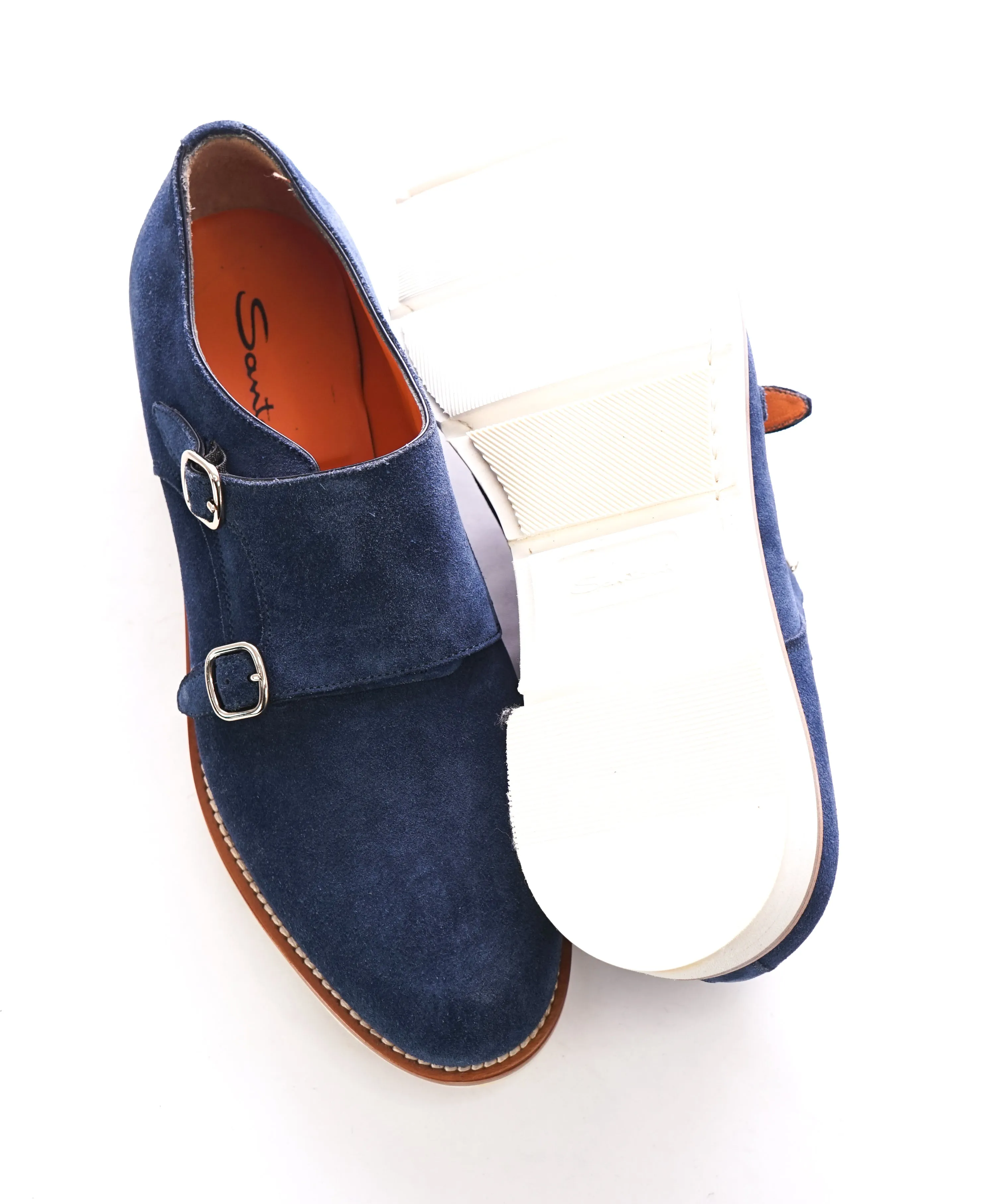 SANTONI - Powder Blue Suede Double Monk Strap Contrast Loafers - 9