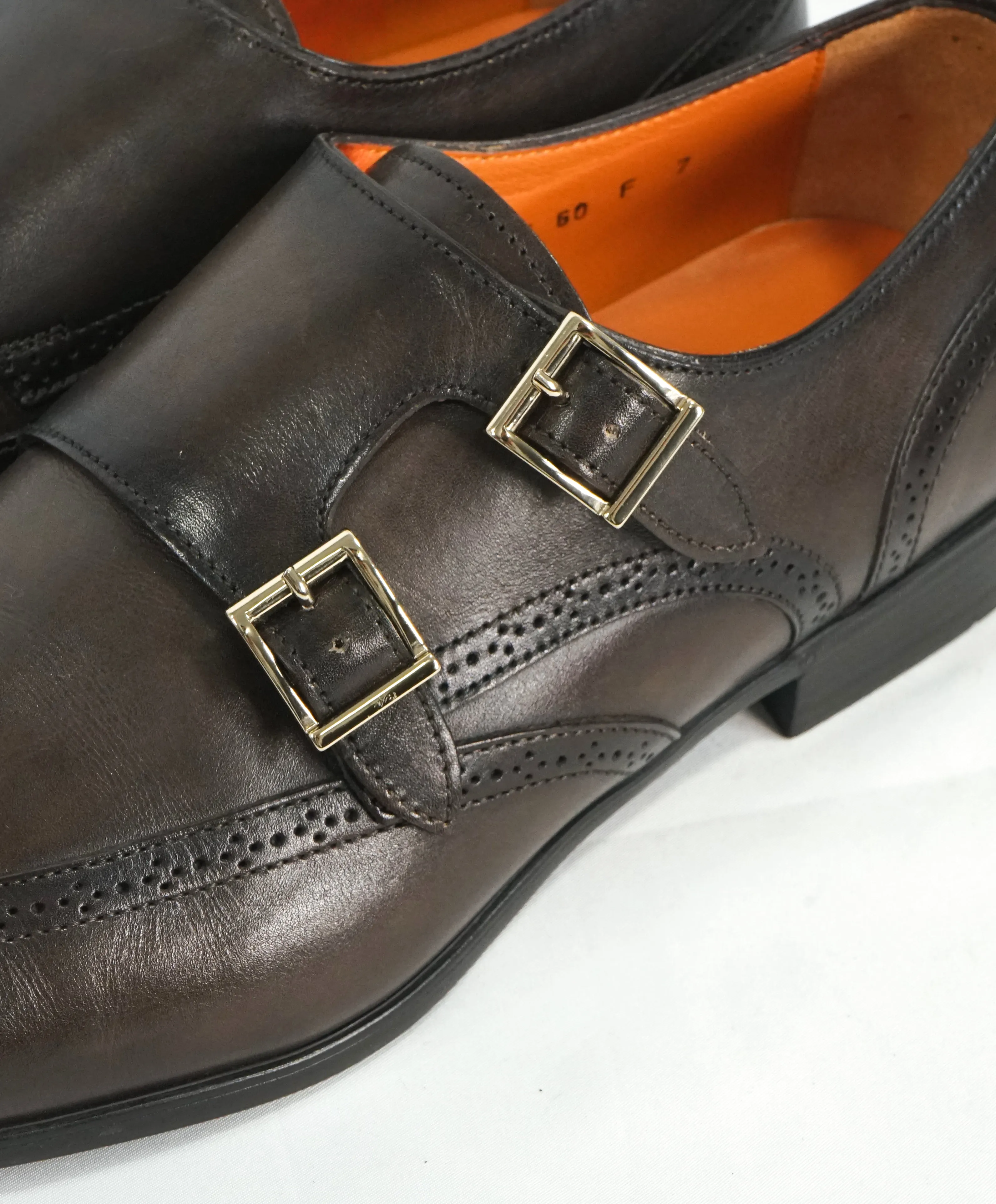 SANTONI - "Belmont” Black/Gray & Gold Wingtip Leather Monk Strap Loafers - 8
