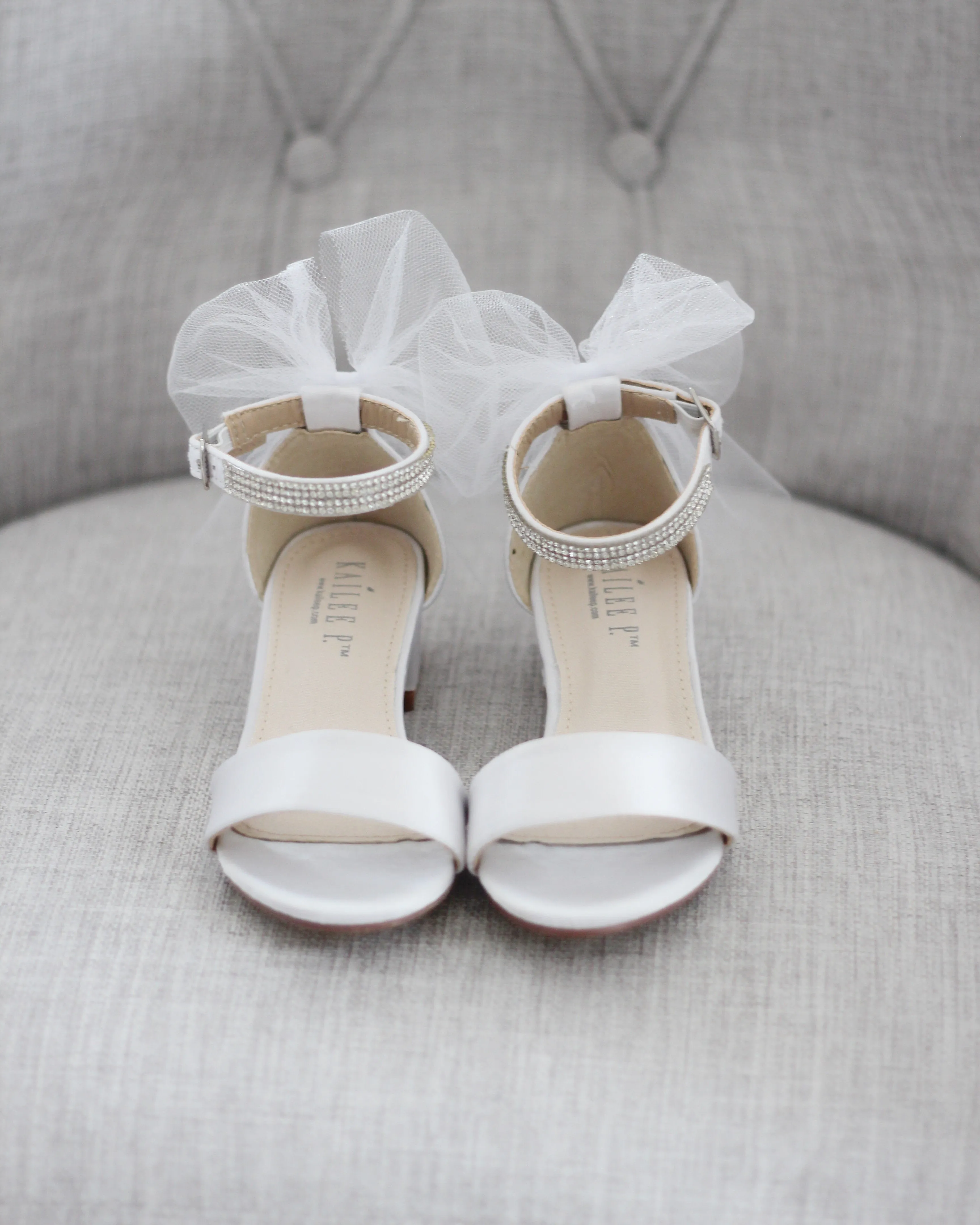 Satin Block Heel Sandals with Tulle Back Bow and Embellished Rhinestones Strap