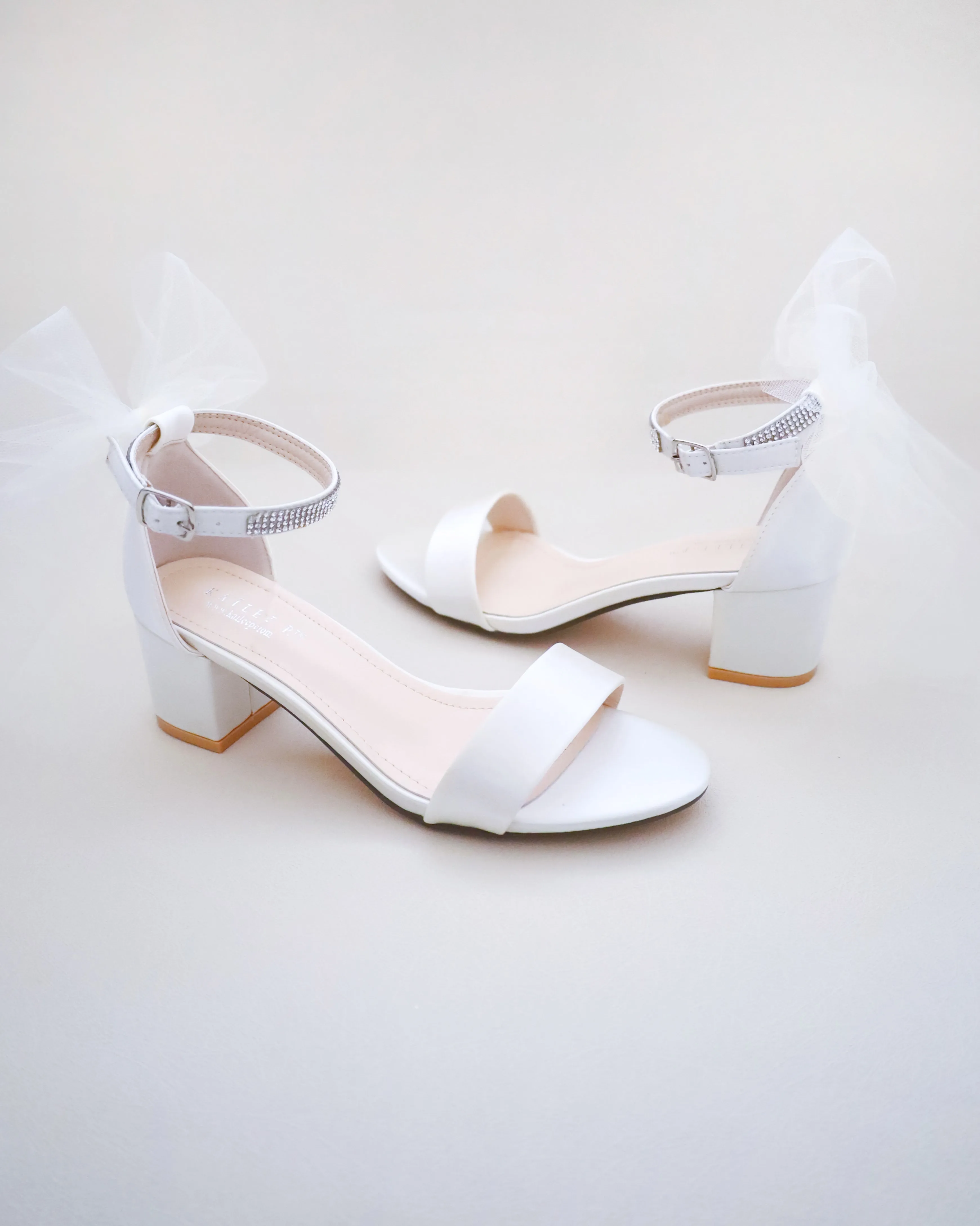 Satin Block Heel Sandals with Tulle Back Bow and Embellished Rhinestones Strap