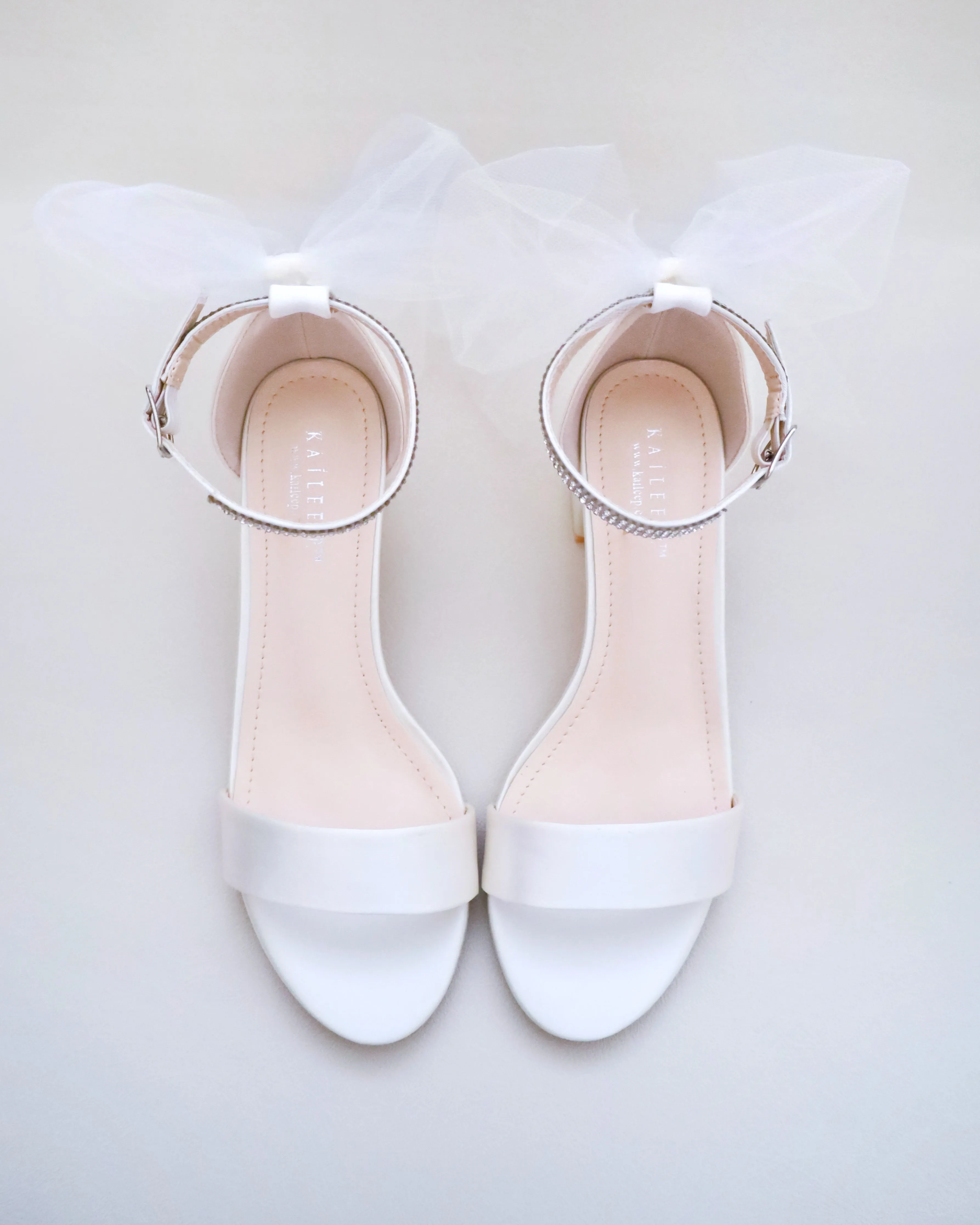 Satin Block Heel Sandals with Tulle Back Bow and Embellished Rhinestones Strap