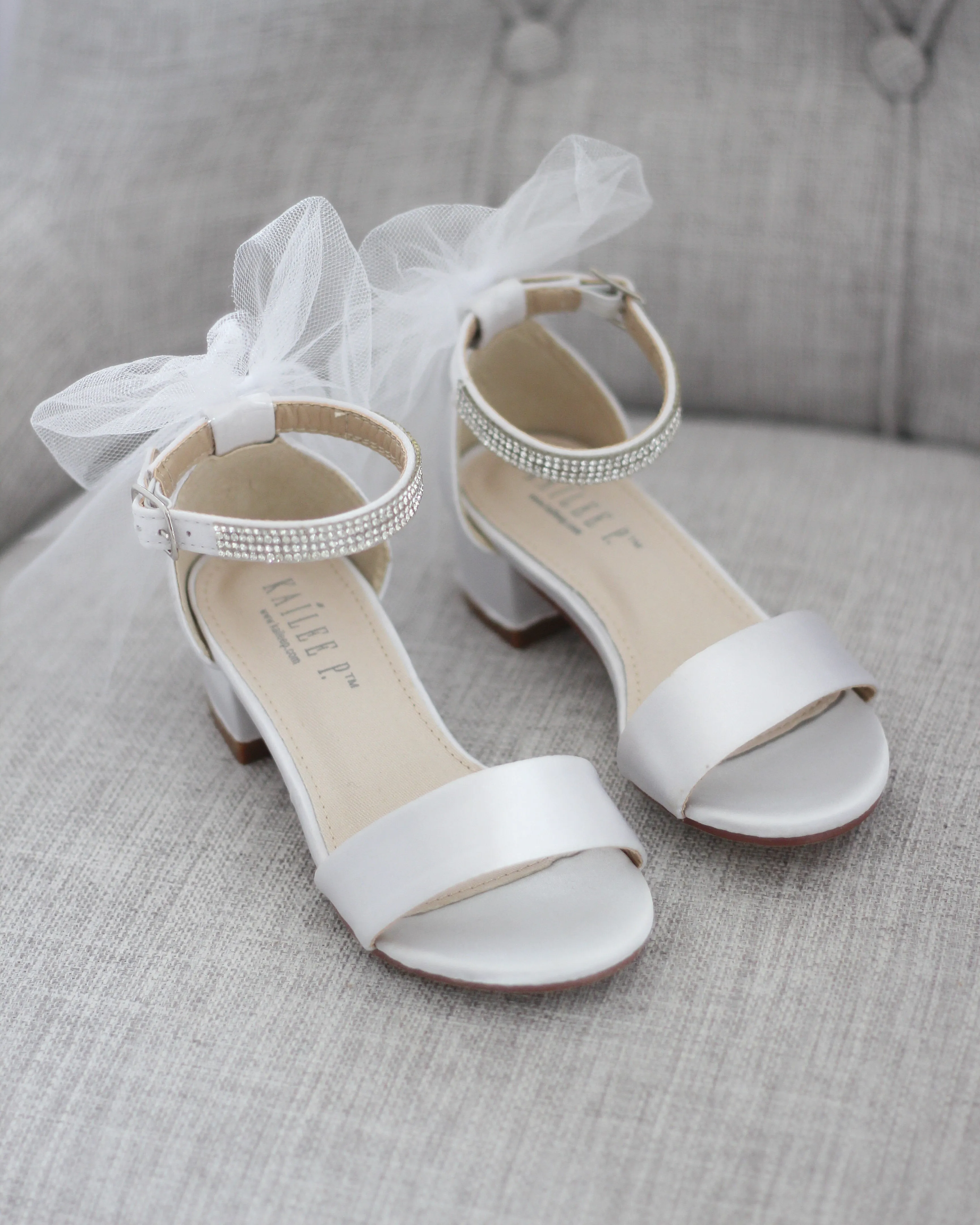 Satin Block Heel Sandals with Tulle Back Bow and Embellished Rhinestones Strap