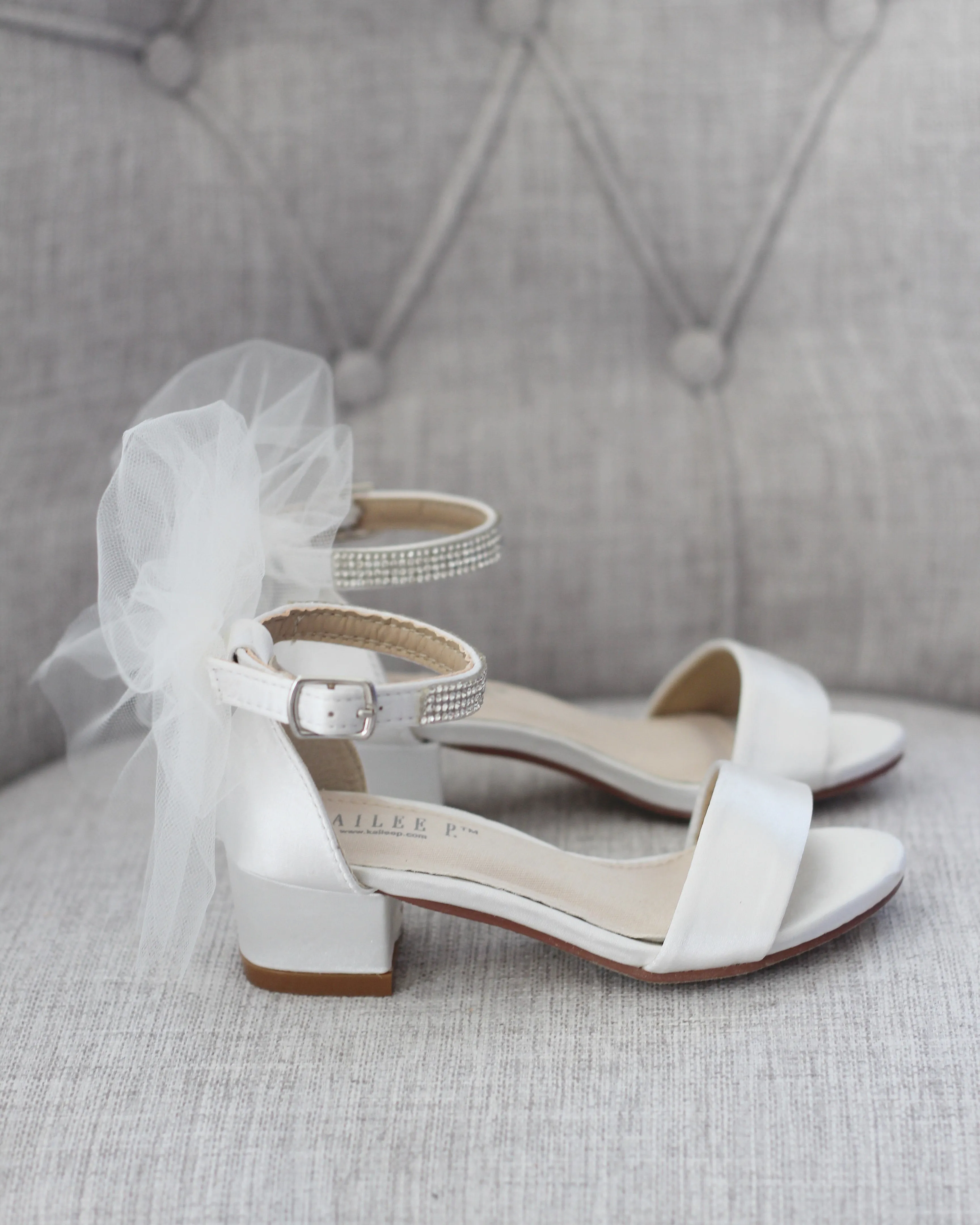 Satin Block Heel Sandals with Tulle Back Bow and Embellished Rhinestones Strap