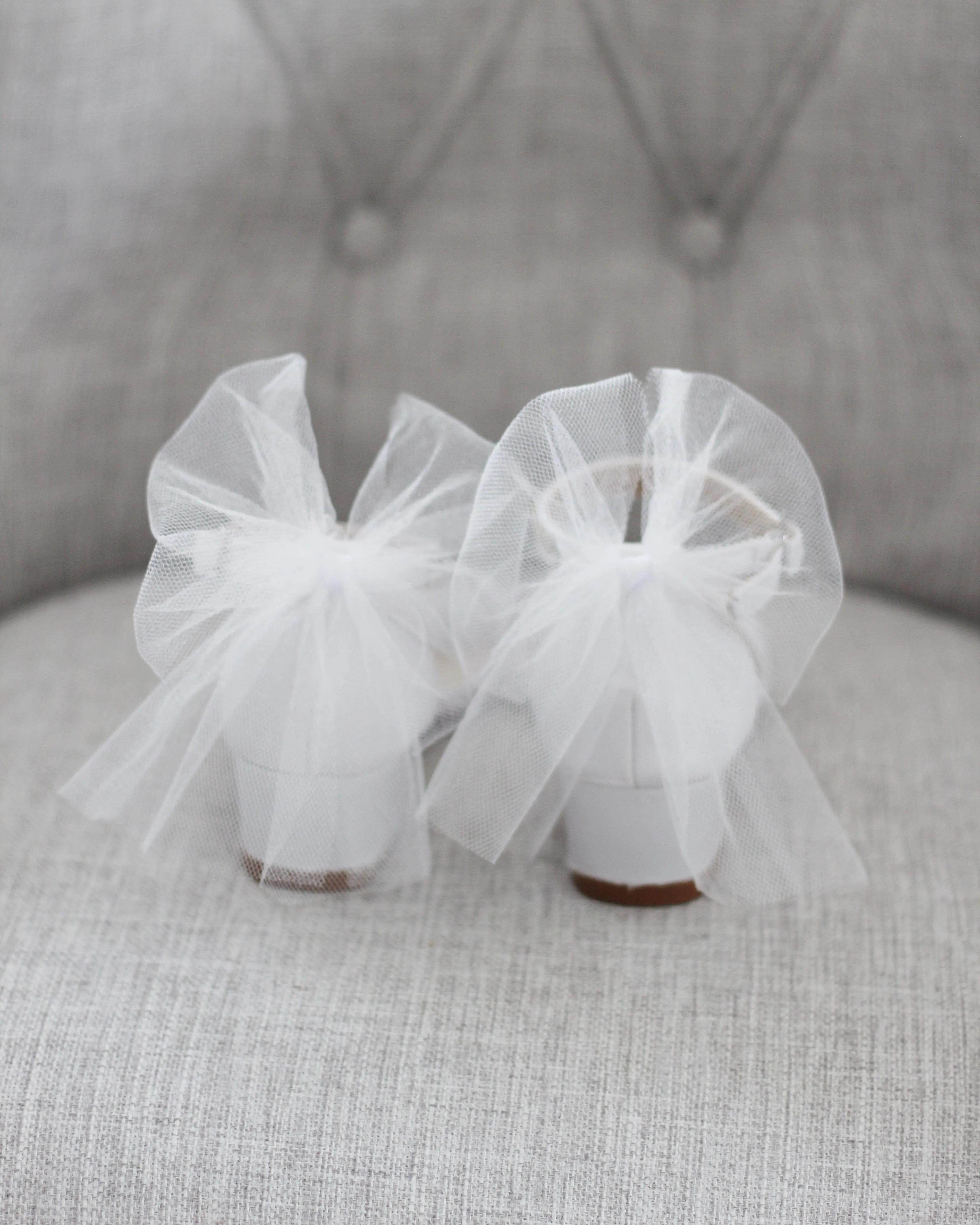 Satin Block Heel Sandals with Tulle Back Bow and Embellished Rhinestones Strap