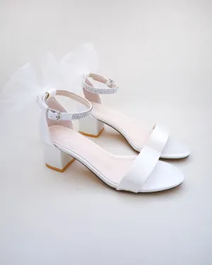 Satin Block Heel Sandals with Tulle Back Bow and Embellished Rhinestones Strap