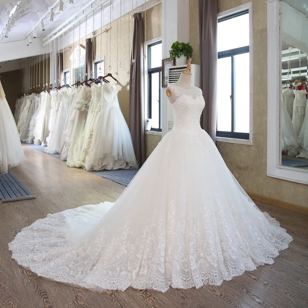 Scoop Neck Lace Beaded Wedding Dress