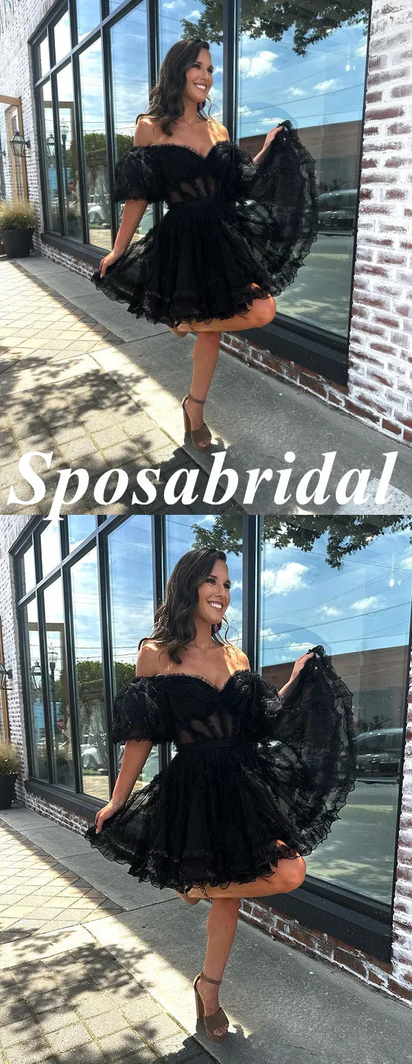Sexy Black Tulle Off Shoulder V-Neck A-Line Mini Dresses/ Homecoming Dresses With Sleeves, PD3580