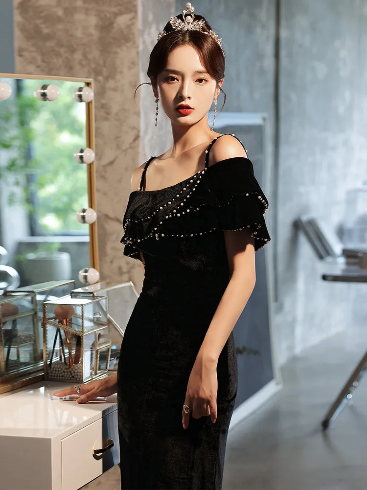 Sexy Black Velvet Beaded Straps Slit Long Evening Dress, Black Formal Dress Party Dress