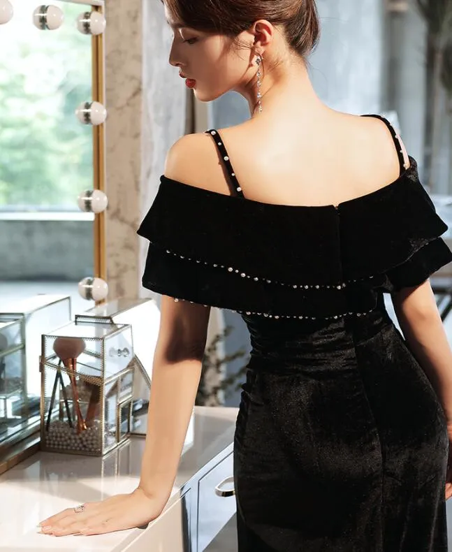 Sexy Black Velvet Beaded Straps Slit Long Evening Dress, Black Formal Dress Party Dress