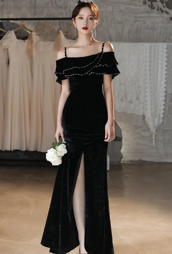 Sexy Black Velvet Beaded Straps Slit Long Evening Dress, Black Formal Dress Party Dress