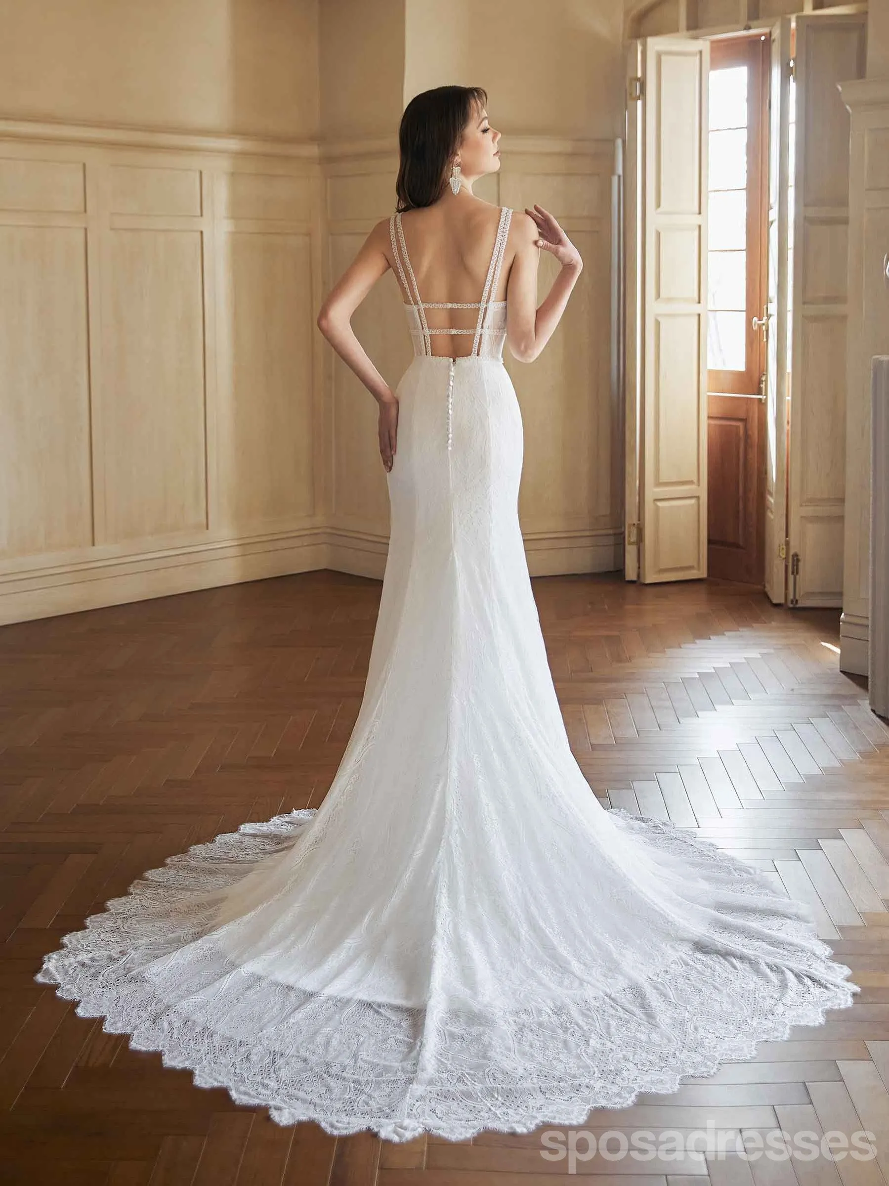 Sexy Mermaid V-neck Open Back Handmade Lace Wedding Dresses,WD810