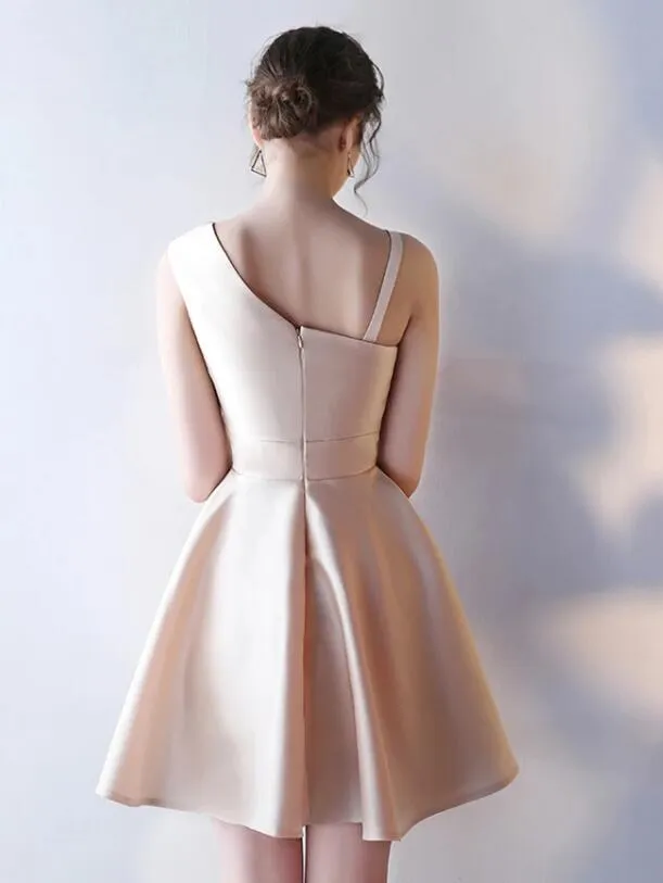 Sexy One Shoulder Champagne Short Prom Dresses, Short Graduation Dresses