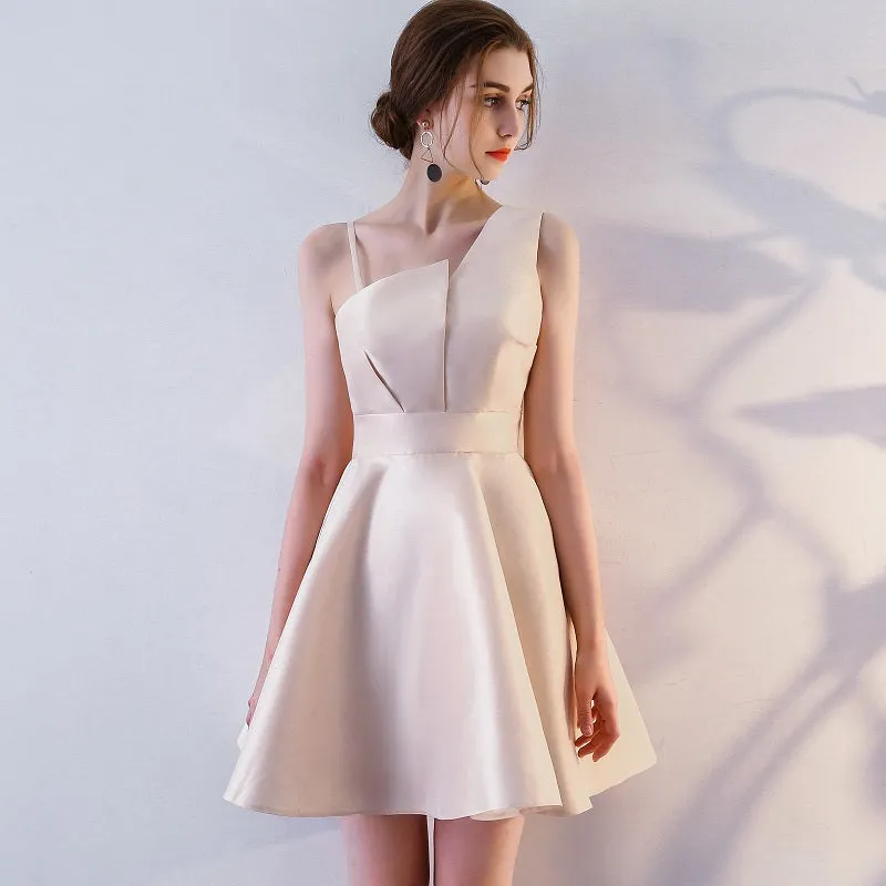 Sexy One Shoulder Champagne Short Prom Dresses, Short Graduation Dresses