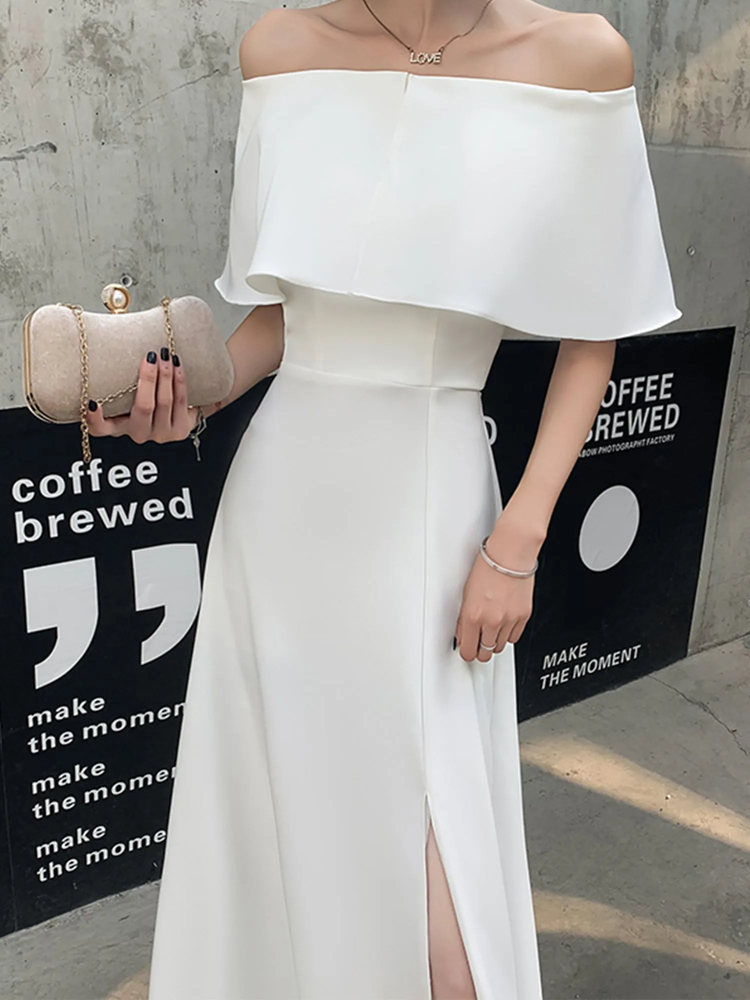 Sexy White Off Shoulder with Leg Slit Long Evening Dress, White Formal Dress Prom Dress