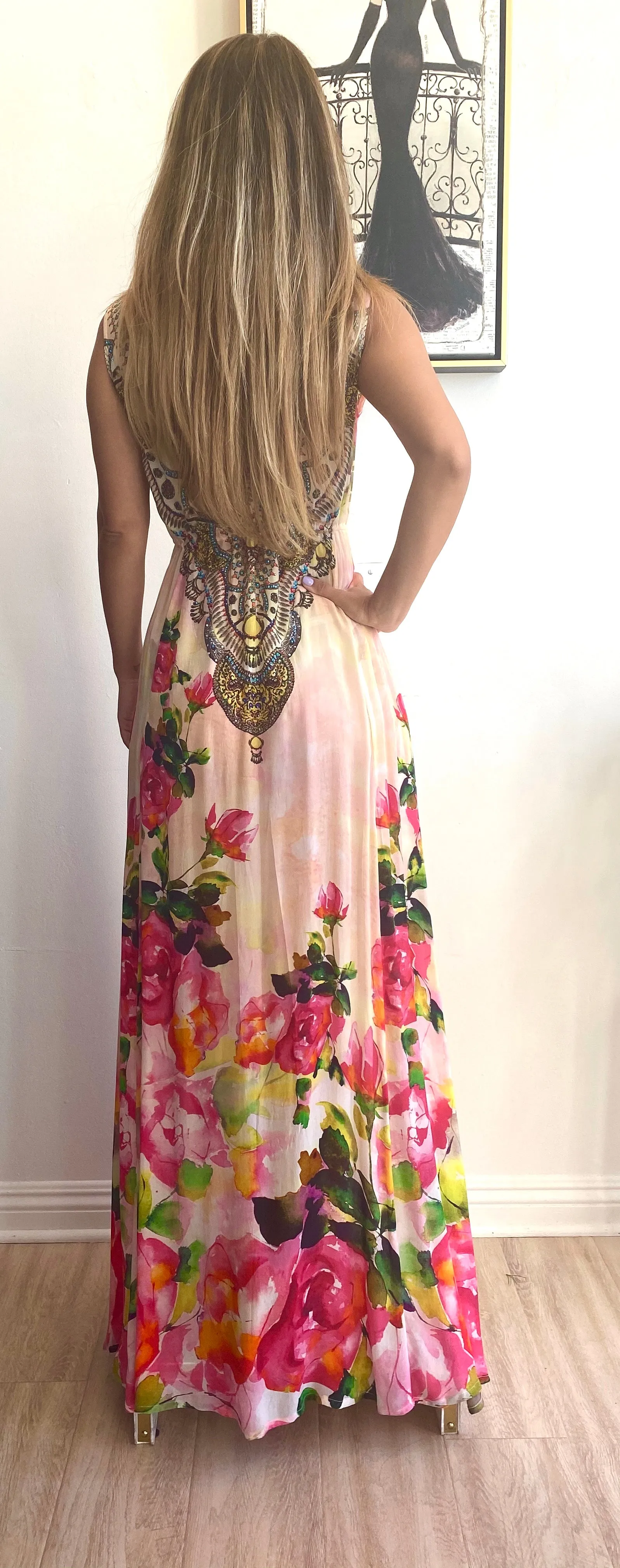 Shahida Parides Silks Plunge Neckline Maxi Dress