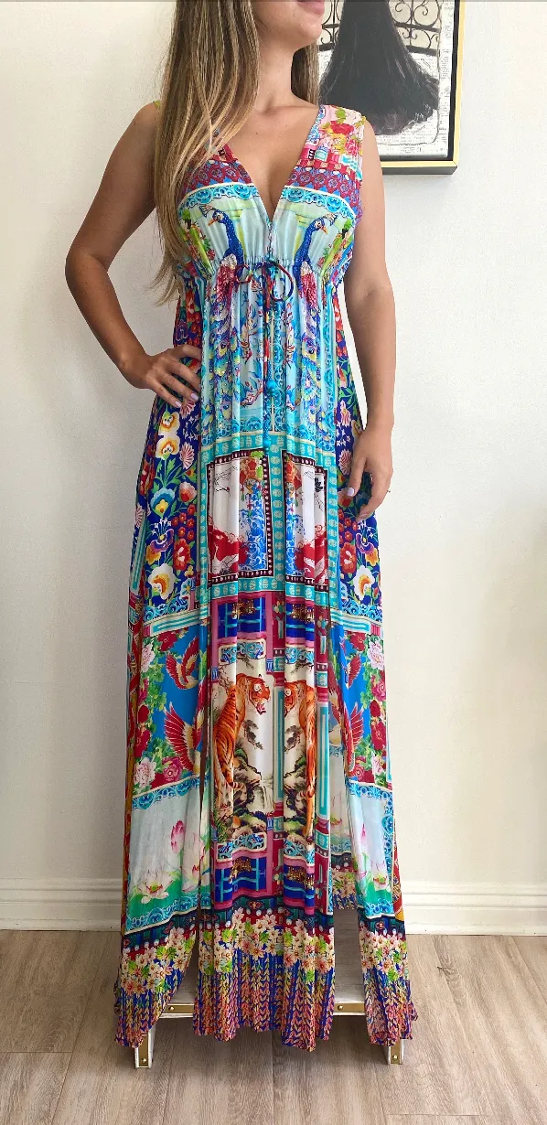 Shahida Parides Silks Plunge Neckline Maxi Dress