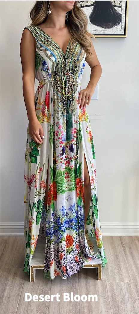 Shahida Parides Silks Plunge Neckline Maxi Dress