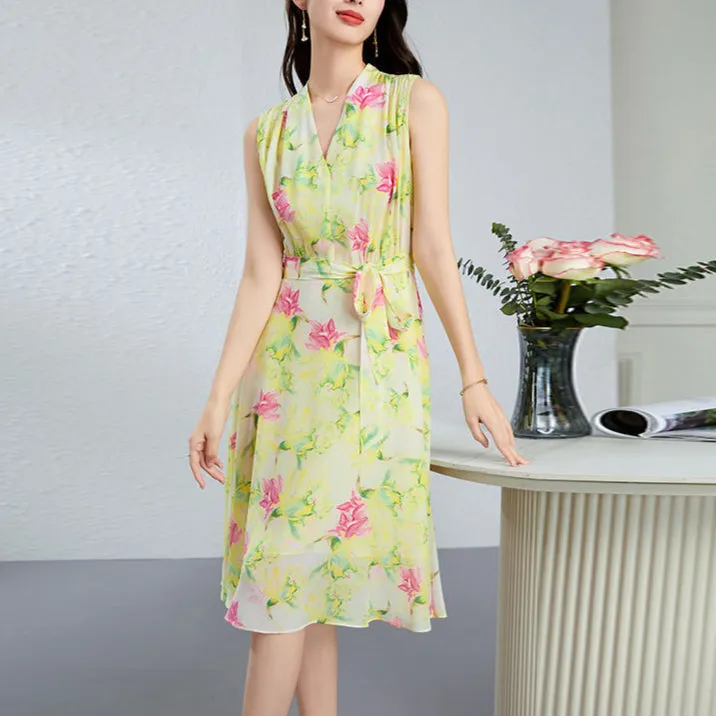Silk Floral Midi Dress with Belted Waist and V-Neck